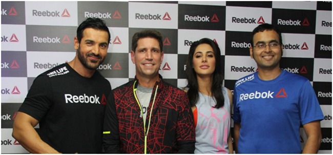 From Left to Right - John Abraham (Actor and Reebok India Brand Ambassador), Erick Haskell (MD, Reebok India), Nargis Fakhri (Actress and Reebok India Brand Ambassador) and Somdeb Basu (Brand Director, Reebok India)